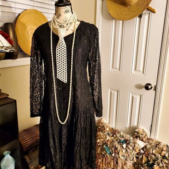 Vintage PASSPORTS  Pier One Black Dropped Waist Plated Dress - Picture 1 of 15